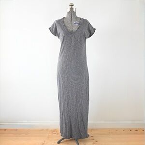 Pact Dark Gray White Striped V Neck T Shirt Maxi Dress w/ Side Slits Size S